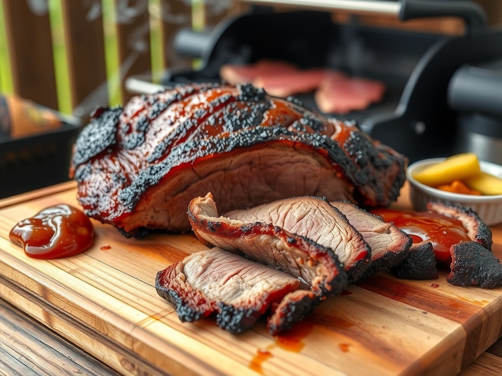 Sliced smoked brisket on a cutting board with BBQ sauce and pickles, set in a rustic outdoor BBQ setting.